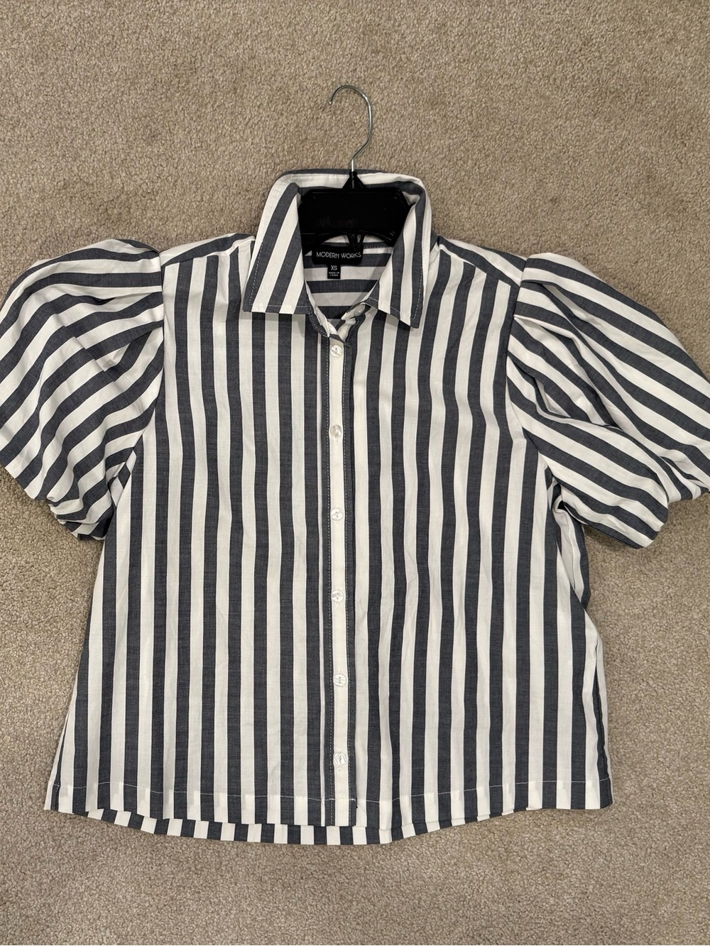 Striped Puff-Sleeve Button-Front Shirt in Black and White